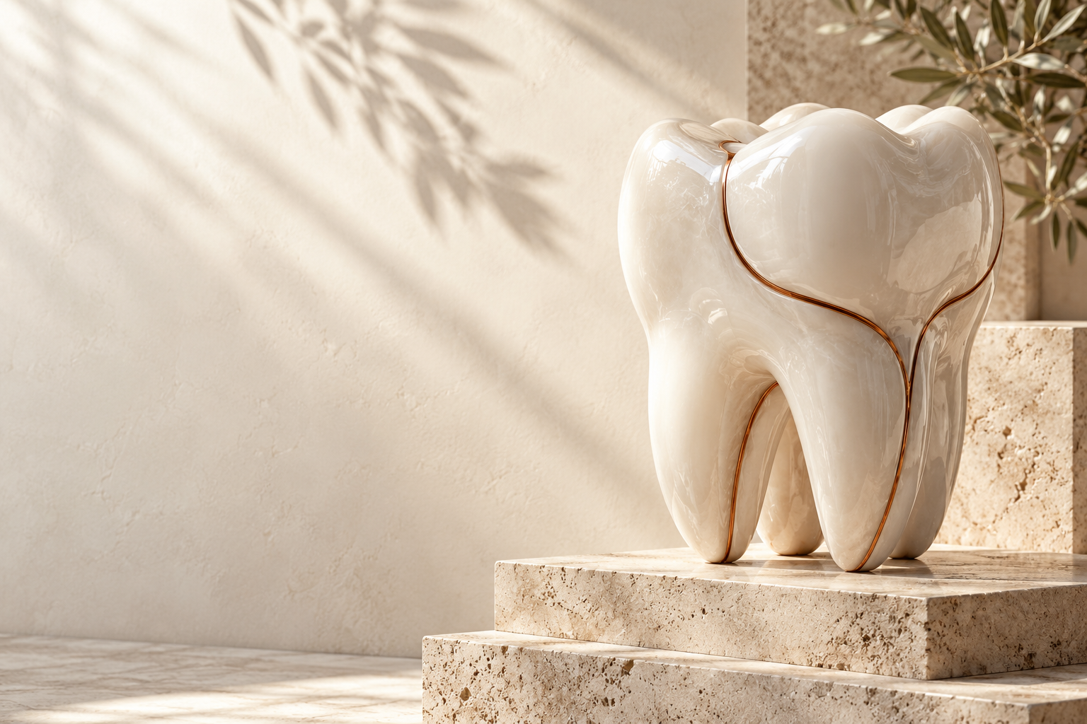 Escultura de una pieza dental de porcelana con un delicado trazo de cobre